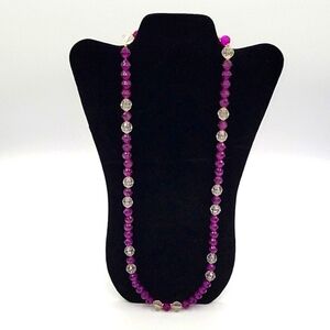 Vintage Purple Beaded Necklace Single Long Strand Clear Beads mixed w/ Purple
